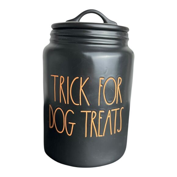 RAE DUNN TRICK FOR DOG TREATS Canister Halloween Large Black Orange Excellent - Picture 1 of 6